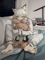Rule 34 | 1girl, absurdres, amiya (arknights), animal ear fluff, animal ears, arknights, barefoot, bed, bedroom, blush, book, cat ears, character doll, commentary, drooling, english commentary, feet, full body, green eyes, highres, hugging doll, hugging object, indoors, kal&#039;tsit (arknights), long hair, long sleeves, material growth, nightstand, on bed, oripathy lesion (arknights), pajamas, pants, parted lips, pillow, shirt, sitting, soles, solo, stuffed animal, stuffed rabbit, stuffed toy, teeth, toenails, toes, togekk0, uneven eyes, upper teeth only, white hair, white pajamas, white pants, white shirt, window
