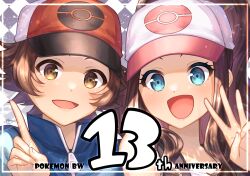 Rule 34 | 1boy, 1girl, anniversary, baseball cap, blue eyes, blue jacket, brown eyes, brown hair, checkered background, collarbone, commentary request, creatures (company), game freak, hat, highres, hilbert (pokemon), hilda (pokemon), jacket, looking at viewer, nintendo, pokemon, pokemon bw, signature, smile, sparkle, upper body, vest, wakame1441