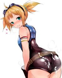 Rule 34 | 10s, 1girl, ahoge, ass, bad id, bad twitter id, bare shoulders, belt, blonde hair, blue eyes, blush, cum, cum on ass, cum on body, cum on clothes, cum on lower body, from behind, granblue fantasy, grin, han (jackpot), heart, leotard, looking at viewer, looking back, nose blush, pantylines, pengie, short hair, short twintails, simple background, smile, solo, thick thighs, thighs, twintails, white background, wide hips