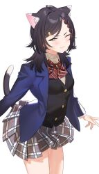 Rule 34 | 1girl, ahoge, animal ear fluff, animal ears, black hair, black vest, blazer, blue jacket, blush, bow, bowtie, braid, breasts, brown shirt, cat ears, cat girl, cat tail, closed mouth, collared shirt, cowboy shot, fumi-chan (subachi), furrowed brow, green eyes, grey skirt, hair ornament, hairclip, half-closed eye, highres, jacket, long hair, long sleeves, miniskirt, one eye closed, open clothes, open jacket, original, pleated skirt, red bow, red bowtie, shirt, simple background, single braid, skirt, small breasts, solo, subachi, tail, vest, wavy mouth, white background