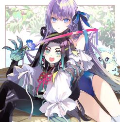 Rule 34 | 1boy, 1girl, arms up, belt, black hair, black pants, blue eyes, blue flower, blue one-piece swimsuit, blue ribbon, border, commentary request, earrings, eyeshadow, fate/grand order, fate (series), feet out of frame, flower, frilled one-piece swimsuit, frills, gradient hair, green belt, green eyes, green hair, hair ribbon, highleg, highleg swimsuit, highres, holding, holding flower, jewelry, con (fate), leaning back, leaning to the side, long hair, makeup, meltryllis, meltryllis (fate), meltryllis (swimsuit lancer) (fate), meltryllis (swimsuit lancer) (second ascension) (fate), multicolored hair, neck ribbon, off-shoulder one-piece swimsuit, off shoulder, on floor, one-piece swimsuit, open mouth, outside border, pants, parted bangs, parted lips, pink ribbon, plant, poppoman, purple hair, red eyeshadow, ribbon, sidelocks, sleeves past fingers, sleeves past wrists, smile, strapless, strapless one-piece swimsuit, swimsuit, taisui xingjun (fate), teeth, upper teeth only, very long hair, white border, wooden floor, yakisoba