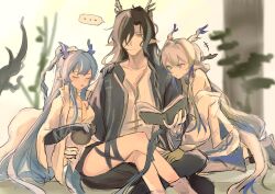Rule 34 | +++, ..., 1boy, 2girls, absurdres, arknights, bare shoulders, beiwushide lr, black hair, blonde hair, blue eyes, blue hair, blue horns, blurry, blurry background, blush, book, chinese clothes, chinese commentary, closed eyes, closed mouth, collared jacket, commentary request, crossed legs, dragon girl, dragon horns, earrings, expressionless, feet out of frame, gourd, grey hair, grey horns, hair over one eye, hand on another&#039;s hip, hand on another&#039;s leg, highres, holding, holding book, horns, jacket, jewelry, leaning on person, ling (arknights), long hair, long sleeves, looking at object, looking down, multicolored hair, multiple girls, necktie, off shoulder, one eye covered, open book, open clothes, open jacket, open mouth, orange eyes, pointy ears, shirt, shu (arknights), sitting, sketch, spoken ellipsis, wang (arknights), white jacket, white shirt, yellow necktie