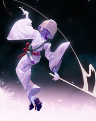 Rule 34 | 1girl, 90fen5, basket, covered eyes, full body, geta, ghost, highres, japanese clothes, kimono, o&#039;rin of the water, obi, object on head, sandals, sash, sekiro: shadows die twice, smile, solo, tabi