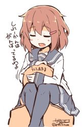Rule 34 | 10s, 1boy, 1girl, admiral (kancolle), brown hair, carrying, commentary request, closed eyes, fang, hair ornament, hairclip, hand on another&#039;s head, head hug, ikazuchi (kancolle), kantai collection, nanateru, open mouth, school uniform, serafuku, short hair, shoulder carry, sitting, sitting on person, skirt, thighhighs, translation request