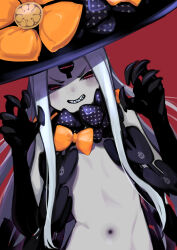 Rule 34 | 1girl, abigail williams (fate), abigail williams (third ascension) (fate), bare shoulders, black bow, black hat, blush, bow, breasts, claw pose, colored skin, fate/grand order, fate (series), forehead, grin, hair bow, hat, highres, keyhole, long hair, looking at viewer, mightyjump98, navel, orange bow, parted bangs, polka dot, polka dot bow, red background, red eyes, sharp teeth, small breasts, smile, solo, teeth, third eye, white hair, white skin, witch hat