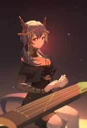 Rule 34 | 1girl, absurdres, arknights, bad id, bad pixiv id, black background, blue hair, braid, casual, ch&#039;en (arknights), dragon, dragon girl, highres, horns, instrument, long hair, looking at viewer, red eyes, simple background, solo, twin braids, xgbghost
