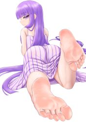Rule 34 | 1girl, absurdres, barefoot, feet, highres, long hair, looking at viewer, looking back, lying, on stomach, patchouli knowledge, purple eyes, purple hair, soles, toes, touhou, white background, yaten cross