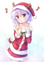 Rule 34 | 1girl, antlers, bare shoulders, bell, blurry, chestnut mouth, collarbone, commentary request, cowboy shot, depth of field, hat, head tilt, horns, ichinoya hizuki, index finger raised, koi dance, light purple hair, looking at viewer, low twintails, masaki kei, miniskirt, musical note, open mouth, original, reindeer antlers, santa costume, santa hat, short hair, skirt, snowflakes, solo, tail, tail wagging, twintails, yellow eyes