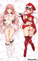 Rule 34 | 1girl, :p, ass, boots, breasts, brown eyes, butt crack, cleavage, cleft of venus, clothes lift, dakimakura (medium), elbow gloves, fate/grand order, fate (series), full body, gloves, hair up, hat, high heel boots, high heels, knee boots, long hair, lying, medb (fate), medium breasts, midriff, miniskirt, multiple views, nipples, on back, on stomach, panties, parted lips, peaked cap, pink hair, pinky out, red gloves, red panties, red thighhighs, sidelocks, skirt, skirt lift, string panties, suggestive fluid, thigh boots, thighhighs, thong, tongue, tongue out, underwear, whip, white gloves, white panties, white thighhighs, yd (orange maru)