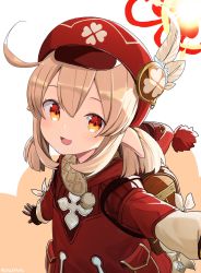 Rule 34 | 1girl, :d, ahoge, artist name, backpack, bag, blonde hair, blush, female focus, genshin impact, hat, hat feather, highres, klee (genshin impact), looking at viewer, low twintails, motto notto, open mouth, orange eyes, pointy ears, pouch, red hat, short twintails, smile, solo, twintails