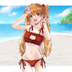 Rule 34 | 1girl, bikini, blue eyes, blush, breasts, brown hair, cat lingerie, cleavage, cleavage cutout, clothing cutout, commentary, day, fang, highres, interface headset, long hair, medium breasts, meme attire, neon genesis evangelion, red bikini, side-tie bikini bottom, souryuu asuka langley, swimsuit, two side up, unihotate0329, wide hips