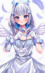 Rule 34 | 1girl, amane kanata, amane kanata (nurse), angel wings, apron, armband, bad id, bad twitter id, bandaged arm, bandages, blue hair, blush, braid, colored inner hair, feathers, flat chest, french braid, gloves, grey hair, hair ornament, hairclip, hat, heart, heart-shaped pupils, heart hands, highres, hololive, id card, moonbell, multicolored hair, nurse cap, open mouth, purple eyes, solo, symbol-shaped pupils, virtual youtuber, wings