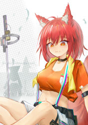Rule 34 | 1girl, absurdres, animal ear fluff, animal ears, arknights, black choker, blush, breasts, chinese commentary, choker, closed mouth, commentary request, crop top, english text, female focus, flametail (arknights), flametail (sport for all) (arknights), head-mounted display, highres, looking at viewer, medium breasts, midriff, nian962464, official alternate costume, orange shirt, planted, planted sword, planted weapon, red eyes, red hair, shirt, short hair, short sleeves, shorts, silhouette, sitting, solo, squirrel ears, squirrel girl, steaming body, suspender shorts, suspenders, sweat, sword, weapon, white shorts