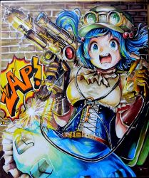 Rule 34 | 1girl, adapted costume, backpack, bad id, bad twitter id, bag, belt, blue eyes, blue hair, corset, gloves, goggles, goggles on head, gun, hair bobbles, hair ornament, hat, highres, jonasan (bad-t), kawashiro nitori, key, open mouth, skirt, solo, sound effects, sparks, steampunk, surprised, surprised arms, touhou, traditional media, twintails, wavy mouth, weapon