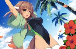 Rule 34 | 1girl, :d, ahoge, animal ears, armpits, arms up, beach, blue sky, breasts, brown hair, cloud, cloudy sky, competition swimsuit, covered erect nipples, covered navel, cowboy shot, dark-skinned female, dark skin, day, dutch angle, flower, highleg, highleg swimsuit, impossible clothes, impossible swimsuit, large breasts, looking at viewer, one-piece swimsuit, open mouth, original, outdoors, palm tree, petals, sky, smile, solo, swimsuit, tail, thighhighs, tree, white thighhighs, yellow eyes, yuzu modoki