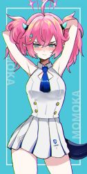 Rule 34 | 1girl, ahoge, alternate breast size, arms up, blue archive, blue necktie, blush, breasts, collared dress, dress, green eyes, highres, horns, large breasts, medium hair, momoka (blue archive), necktie, pink hair, pleated skirt, pointy ears, skirt, sleeveless, sleeveless dress, tail, twintails