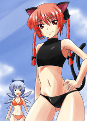 Rule 34 | 2girls, animal ears, bare shoulders, bikini, bow, braid, cat ears, cat tail, cirno, flat chest, hair bow, hand on own hip, highres, hip focus, kaenbyou rin, light smile, midriff, multiple girls, multiple tails, navel, nishi koutarou, red eyes, red hair, short hair, swimsuit, tail, tankini, touhou, twin braids, wings