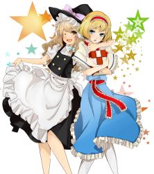 Rule 34 | 2girls, alice margatroid, bad id, bad pixiv id, black dress, blonde hair, blue dress, blue eyes, book, braid, cape, dress, fang, female focus, hair ribbon, hat, highres, kirisame marisa, multiple girls, one eye closed, open mouth, purin0, purin (purin0), ribbon, smile, touhou, wink, witch, witch hat, yellow eyes