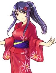 Rule 34 | 1girl, japanese clothes, kimono, nekomata naomi, ponytail, purple hair, smile, solo