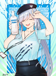 Rule 34 | 1girl, ak-12 (girls&#039; frontline), alcohol, alternate costume, beret, blouse, blue shirt, boca, bottle, breasts, facing viewer, girls&#039; frontline, hat, highres, jewelry, large breasts, long hair, name tag, necklace, open mouth, print shirt, shirt, shirt tucked in, silver hair, smile, solo, teeth, upper teeth only, very long hair, vodka