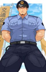 Rule 34 | 1boy, arms behind back, artist name, bara, belt, biceps, black eyes, black hair, blush, cloud, day, facial hair, flag, harada (basashi), hat, highres, japanese flag, long sideburns, male focus, manly, muscular, muscular male, original, pants, pectorals, police, police hat, police uniform, serious, shirt, sideburns, sky, solo, sweat, thick eyebrows, thick thighs, thighs, tight clothes, uniform