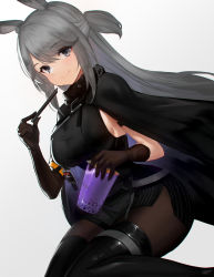 Rule 34 | 1girl, animal ears, arknights, artnohearts, black cloak, black footwear, black gloves, black pantyhose, blue eyes, boots, breasts, cloak, closed mouth, commentary request, cup, disposable cup, drinking straw, gloves, gradient background, grey background, grey hair, holding, holding cup, id card, long hair, looking at viewer, pantyhose, rabbit ears, savage (arknights), sidelocks, smile, solo, thigh boots, thighhighs, two side up