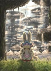 Rule 34 | 1other, :3, brown fur, dot nose, ears through headwear, flyaspring4, furry, grey headwear, highres, horizontal pupils, long hair, made in abyss, nanachi (made in abyss), on grass, outdoors, signature, solo, water, waterfall, whiskers, white hair, yellow eyes