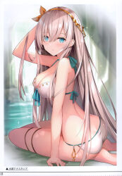 Rule 34 | 1girl, absurdres, anastasia (fate), arm behind head, arm support, arm up, ass, bare shoulders, bikini, blue eyes, blurry, blurry background, blush, breasts, cleavage, closed mouth, fate/grand order, fate (series), hair ornament, hairband, hand up, highres, long hair, looking at viewer, medium breasts, page number, parted lips, rin yuu, scan, simple background, sitting, solo, sparkle, swimsuit, thighs, water, white hair
