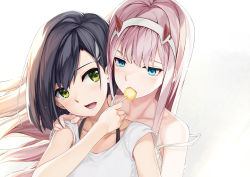 Rule 34 | 10s, 2girls, 54cr, aqua eyes, black hair, blush, candy, collarbone, darling in the franxx, feeding, food, green eyes, hair ornament, hairband, hairclip, horns, ichigo (darling in the franxx), lollipop, long hair, looking at another, medium hair, multiple girls, off shoulder, open mouth, pink hair, straight hair, tank top, upper body, white hairband, yuri, zero two (darling in the franxx)