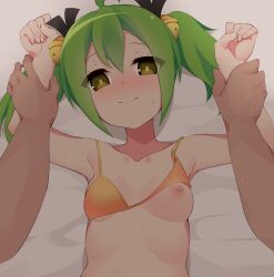 Rule 34 | 1boy, 1girl, arm grab, bed, bed sheet, bell, bikini, bikini top lift, blush, breasts, clenched hands, clothes lift, collarbone, gj-bu, green eyes, green hair, hair bell, hair ornament, hair ribbon, holding another&#039;s arm, kannazuki tamaki, kuromusi, looking at viewer, one breast out, ribbon, small breasts, smile, sweat, swimsuit, twintails