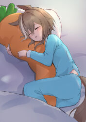 Rule 34 | 1girl, absurdres, alternate costume, animal ears, blue pajamas, blush, carrot-shaped pillow, cheval grand (umamusume), closed eyes, commentary request, hair between eyes, highres, horse ears, horse girl, horse tail, hugging object, long sleeves, lying, multicolored hair, on side, open mouth, pajamas, peteron, sleeping, solo, streaked hair, tail, umamusume, white hair