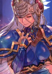 Rule 34 | 1girl, armor, breastplate, breasts, closed eyes, feathers, helmet, hungry clicker, lenneth valkyrie, lips, long hair, medium breasts, shoulder armor, solo, valkyrie profile (series)