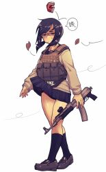 Rule 34 | 1girl, akm, assault rifle, black footwear, black hair, black sailor collar, black skirt, black socks, cb (c-board), clothes lift, commentary request, crushed can, falling leaves, fanny pack, full body, gun, highres, holding, holding gun, holding weapon, kalashnikov rifle, leaf, loafers, long hair, long sleeves, low twintails, nike (company), original, panties, pleated skirt, purple panties, ribbed legwear, rifle, sailor collar, shirt, shoes, simple background, skirt, skirt lift, socks, solo, translation request, twintails, underwear, weapon, weapon request, white background, white shirt, wind, wind lift