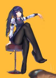 Rule 34 | 1girl, alternate hairstyle, arm up, bar stool, bartender, black pantyhose, blouse, blurry, blurry foreground, buttons, cigarette, closed mouth, collared shirt, crossed legs, depth of field, feet, foot focus, hair between eyes, high heels, highres, holding, holding cigarette, jill stingray, juliet sleeves, legs, long hair, long sleeves, necktie, no shoes, pantyhose, pencil skirt, puffy sleeves, puk (higanbana doujin), purple hair, purple vest, red eyes, red necktie, shirt, shoes, side ponytail, sidelocks, signature, simple background, sitting, skirt, sleeve cuffs, smirk, solo, stool, swept bangs, thighband pantyhose, toes, uniform, unworn shoes, va-11 hall-a, vest, white shirt, yellow background