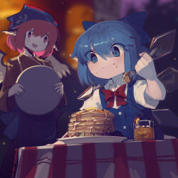 Rule 34 | 2girls, :t, animal ears, apron, berry, bird ears, bird wings, blank eyes, blue apron, blue bow, blue dress, blue eyes, blue hair, blurry, blurry background, blush, blush stickers, boa (brianoa), bow, bowtie, brown kimono, butter, buttons, cirno, closed mouth, collared shirt, commentary, cup, dress, eating, english commentary, eyes visible through hair, feathered wings, food, food on face, fork, hair bow, highres, holding, holding fork, holding tray, honey, ice, ice wings, japanese clothes, kimono, mug, multiple girls, mystia lorelei, okamisty, open mouth, pancake, pancake stack, pink eyes, pink hair, plate, red bow, red bowtie, shirt, short hair, short sleeves, sitting, smile, smug, syrup, table, touhou, touhou mystia&#039;s izakaya, tray, twitter username, v-shaped eyebrows, white shirt, wing collar, wings