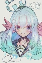 Rule 34 | 1girl, axolotl girl, blue eyes, blue hair, blush, character name, ci s, collarbone, crown, dated, grey background, highres, lee on, nijisanji, nijisanji kr, portrait, sailor collar, second-party source, sketch, smile, solo, virtual youtuber