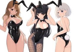 Rule 34 | 3girls, animal ears, ass, bare back, bare shoulders, black hair, blonde hair, blue eyes, blunt bangs, blunt ends, blush, bow, bowtie, breasts, brown eyes, brown hair, detached collar, earrings, eyes visible through hair, fake animal ears, fake tail, fishnet pantyhose, fishnets, gin00, gradient hair, idolmaster, idolmaster shiny colors, izumi mei, jewelry, large breasts, leotard, long hair, mayuzumi fuyuko, medium breasts, mole, mole on breast, multicolored hair, multiple girls, pantyhose, playboy bunny, rabbit ears, rabbit pose, rabbit tail, serizawa asahi, short hair, silver hair, simple background, smile, straylight (idolmaster), tail, tan, thigh gap, thighs, two side up, white background