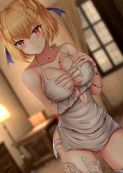 Rule 34 | 1girl, absurdres, background, bare shoulders, barettoarts, blonde hair, blurry, blurry background, blush, breasts, chair, claire victorious, cleavage, closed mouth, code vein, crossover, curtains, eyebrows visible through hair, female focus, fingernails, god eater, god eater 3, hair between eyes, half body, hand on own breast, hand under breasts, highres, jewelry, lamp, large breasts, looking at viewer, nail polish, necklace, open clothes, red eyes, short hair, solo, standing, table, thighs, window, yellow nails
