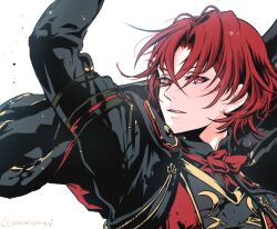 Rule 34 | 1boy, alear (fire emblem), alear (male) (fire emblem), arm up, black cape, cape, crossed bangs, fire emblem, fire emblem engage, hair between eyes, highres, looking at viewer, male focus, nintendo, open mouth, red eyes, red hair, short hair, simple background, umi ( oneinchswing), white background