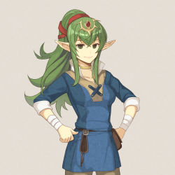 Rule 34 | 1girl, absurdres, bandaged arm, bandages, belt, belt pouch, breasts, closed mouth, commentary, cosplay, cowboy shot, dakkalot, donnel (fire emblem), donnel (fire emblem) (cosplay), fire emblem, fire emblem awakening, green eyes, green hair, grey background, headpiece, high ponytail, highres, long hair, looking at viewer, medium breasts, nintendo, pants, pink lips, pointy ears, pouch, short sleeves, sidelocks, simple background, smile, solo, tiki (adult) (fire emblem), tiki (fire emblem), tunic