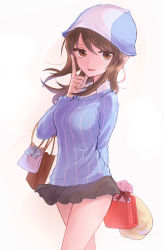 Rule 34 | 100zi, 1girl, arm behind back, bag, blue hat, blue shirt, box, brown eyes, brown hair, carrying, commentary, cowboy shot, dress shirt, gift, gift box, girls und panzer, grey skirt, hat, highres, holding, holding bag, holding behind back, index finger raised, keizoku school uniform, long hair, long sleeves, looking at viewer, mika (girls und panzer), miniskirt, open mouth, pleated skirt, school uniform, shirt, shopping bag, skirt, smile, solo, standing, striped clothes, striped shirt, textless version, tulip hat, valentine, vertical-striped clothes, vertical-striped shirt, white shirt, wing collar