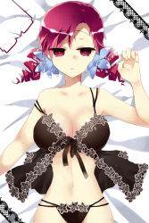 Rule 34 | 1girl, arm up, artist request, bare arms, bare shoulders, bed, black panties, bra, breasts, cleavage, collarbone, drill hair, unworn eyewear, glasses, large breasts, lingerie, lying, midriff, navel, off shoulder, on back, open mouth, panties, parted bangs, red eyes, red hair, shiny skin, short hair, solo, strap slip, sword girls, twin drills, underwear, vernika answer