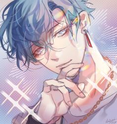 Rule 34 | 1boy, aizome kento, akazumii, b-project, blue eyes, blue hair, chain, chain necklace, earrings, glasses, gold chain, highres, jewelry, light blue hair, looking at viewer, male focus, necklace, parted lips, shirt, short hair, signature, smile, solo, tassel, tassel earrings, teeth, white shirt