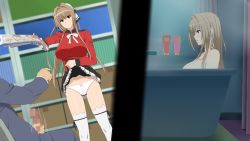 Rule 34 | 1boy, 1girl, age difference, amagi brilliant park, at gunpoint, bath, bathtub, black skirt, blurry, blush, bookcase, bow, bow panties, box, breasts, brown eyes, brown hair, cardboard box, censored, clothes lift, cottage, depth of field, embarrassed, erection, gun, hair ribbon, high ponytail, highres, large breasts, lifting own clothes, long hair, masturbation, motion lines, nude, panties, penis, pleated skirt, ribbon, self exposure, sento isuzu, skirt, skirt lift, tagme, thighhighs, underwear, weapon, wet, white thighhighs