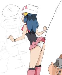 Rule 34 | 1girl, ?, ass, beanie, blue hair, clothes lift, clueless, creatures (company), dawn (pokemon), fishing rod, game freak, hat, hgm (cjh4563), highres, miniskirt, multiple views, nintendo, panties, pokemon, pokemon (anime), skirt, skirt lift, solo focus, thought bubble, thumbs up, underwear, white panties