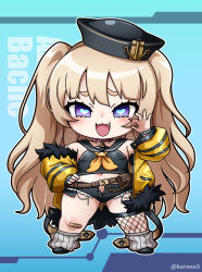 Rule 34 | 1girl, :d, azur lane, bache (azur lane), bandaid, bandaid on knee, bandaid on leg, bare shoulders, bead bracelet, beads, belt, belt pouch, black footwear, black hat, black sailor collar, black shirt, blonde hair, blush, bracelet, breasts, brown belt, character name, chibi, collar, collarbone, commentary request, crop top, cutoffs, denim, denim shorts, fang, fishnet thighhighs, fishnets, full body, fur-trimmed jacket, fur trim, groin, hair between eyes, hand on own hip, hat, heart, heart-shaped pupils, jacket, jewelry, kurono, long hair, looking at viewer, loose socks, midriff, navel, neckerchief, off shoulder, ok sign, open clothes, open mouth, open shorts, pink collar, pouch, purple eyes, sailor collar, sailor hat, shirt, shoes, short shorts, shorts, sidelocks, single thighhigh, sleeveless, small breasts, smile, socks, solo, standing, symbol-shaped pupils, thighhighs, twitter username, two side up, very long hair, yellow jacket, yellow neckerchief