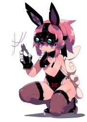 Rule 34 | 1girl, animal ears, backpack, bag, black gloves, black leotard, blush, blush stickers, brown thighhighs, disarming, fake animal ears, full body, gloves, goggles, goggles on head, highres, holding, jitome, leotard, night-vision device, on one knee, original, pink hair, pliers, ponytail, purple eyes, rabbit ears, simple background, thighhighs, white background, wire, zankuro