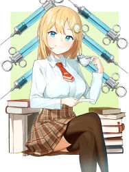 Rule 34 | 1girl, blonde hair, blue eyes, book, book stack, breasts, brown skirt, brown thighhighs, collared shirt, cup, dress shirt, gom (kooskoo), grin, hair ornament, highres, holding, holding cup, holding saucer, hololive, hololive english, large breasts, long sleeves, looking at viewer, medium hair, miniskirt, necktie, plaid, plaid skirt, pleated skirt, red necktie, saucer, shirt, sitting, skirt, smile, solo, syringe, teacup, thighhighs, upskirt, virtual youtuber, watson amelia, white shirt, wing collar