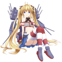 Rule 34 | 1girl, absurdres, andrea doria, andrea doria (warship girls r), bandaid, blonde hair, blue eyes, highres, long hair, looking at viewer, mecha musume, midriff, panties, personification, pleated skirt, sitting, skirt, solo, striped clothes, striped thighhighs, thighhighs, twintails, underwear, very long hair, warship girls r, white panties, wujojin