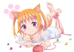 Rule 34 | 10s, 1girl, :3, animal ears, barefoot, bell, breasts, cat ears, cat tail, downblouse, dress, feet, full body, harusaki chiwa, jewelry, jingle bell, lying, marble (toy), on stomach, orange hair, ore no kanojo to osananajimi ga shuraba sugiru, purple eyes, ribbon, ring, rumil, simple background, small breasts, smile, soles, solo, tail, toes, twintails, yarn, yarn ball